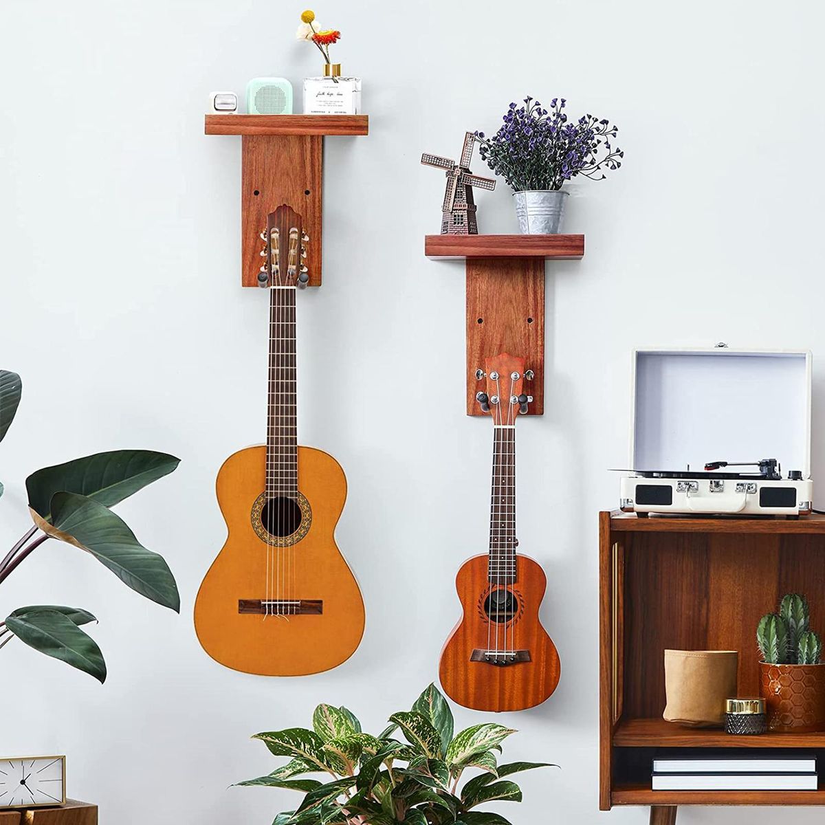 2pcs Multifunction Wall Guitar Hanger DIY Kit Mahogany Wooden Wall Mounted Hanger Shelf Pick Holder Screw Fixed for Acoustic Classic Electric Guitars Bass Ukulele Household Ornaments