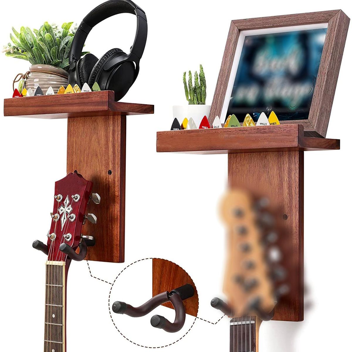 2pcs Multifunction Wall Guitar Hanger DIY Kit Mahogany Wooden Wall Mounted Hanger Shelf Pick Holder Screw Fixed for Acoustic Classic Electric Guitars Bass Ukulele Household Ornaments