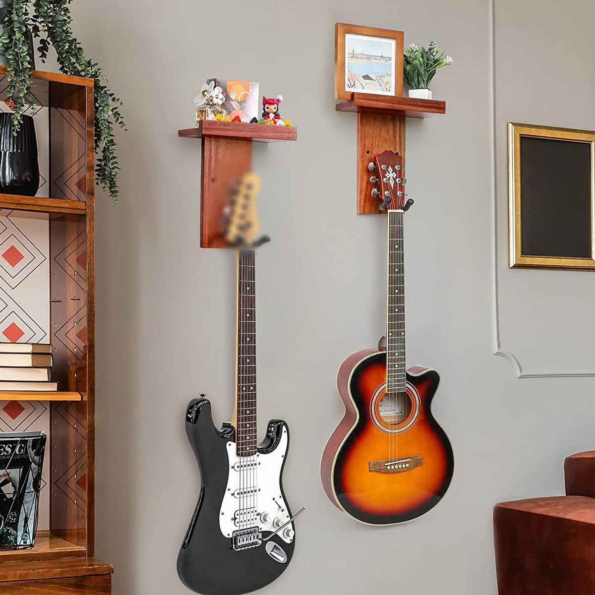 2pcs Multifunction Wall Guitar Hanger DIY Kit Mahogany Wooden Wall Mounted Hanger Shelf Pick Holder Screw Fixed for Acoustic Classic Electric Guitars Bass Ukulele Household Ornaments