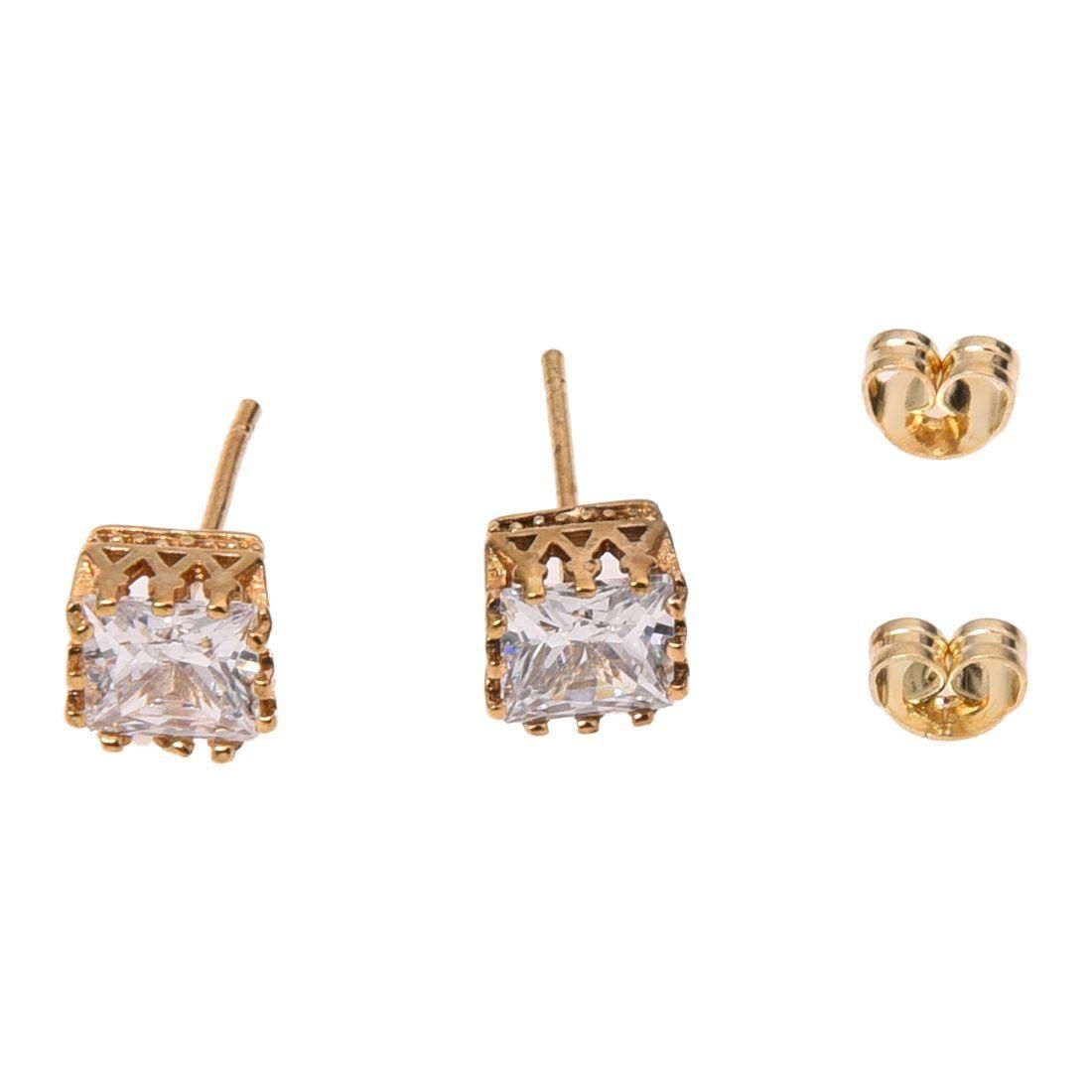 Men's Women's Square Crown Hollow Stud Earrings Gold  White