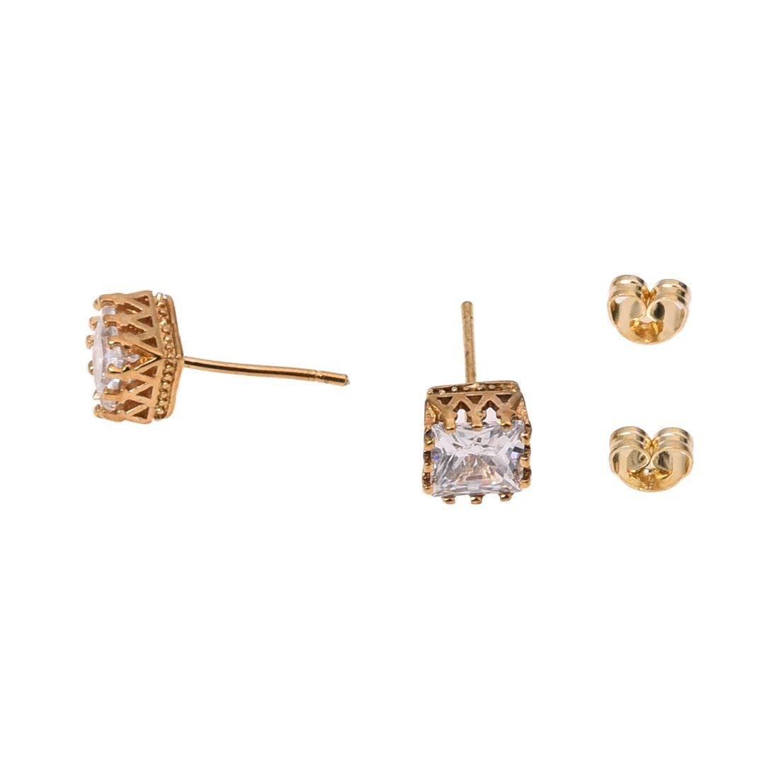 Men's Women's Square Crown Hollow Stud Earrings Gold  White