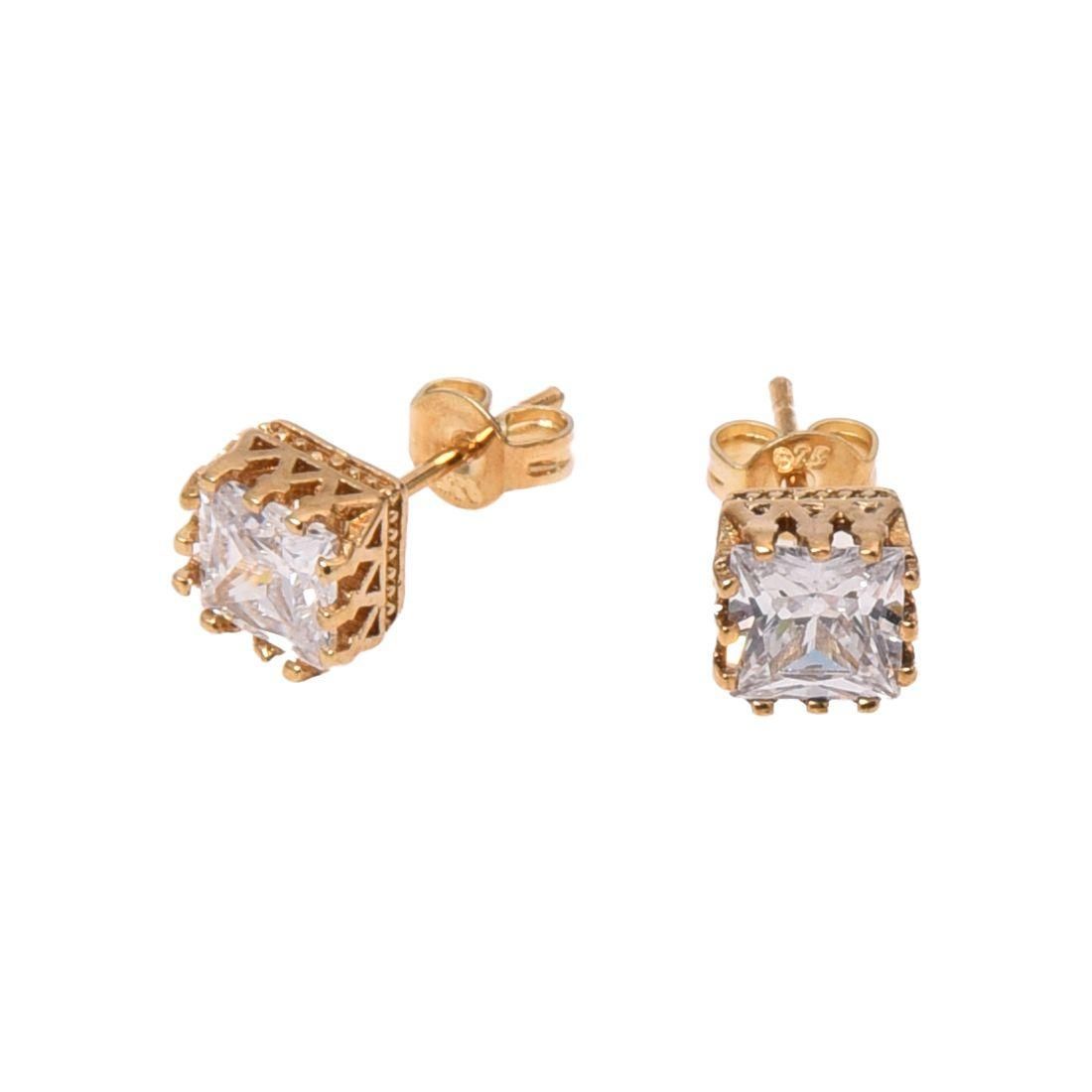 Men's Women's Square Crown Hollow Stud Earrings Gold  White