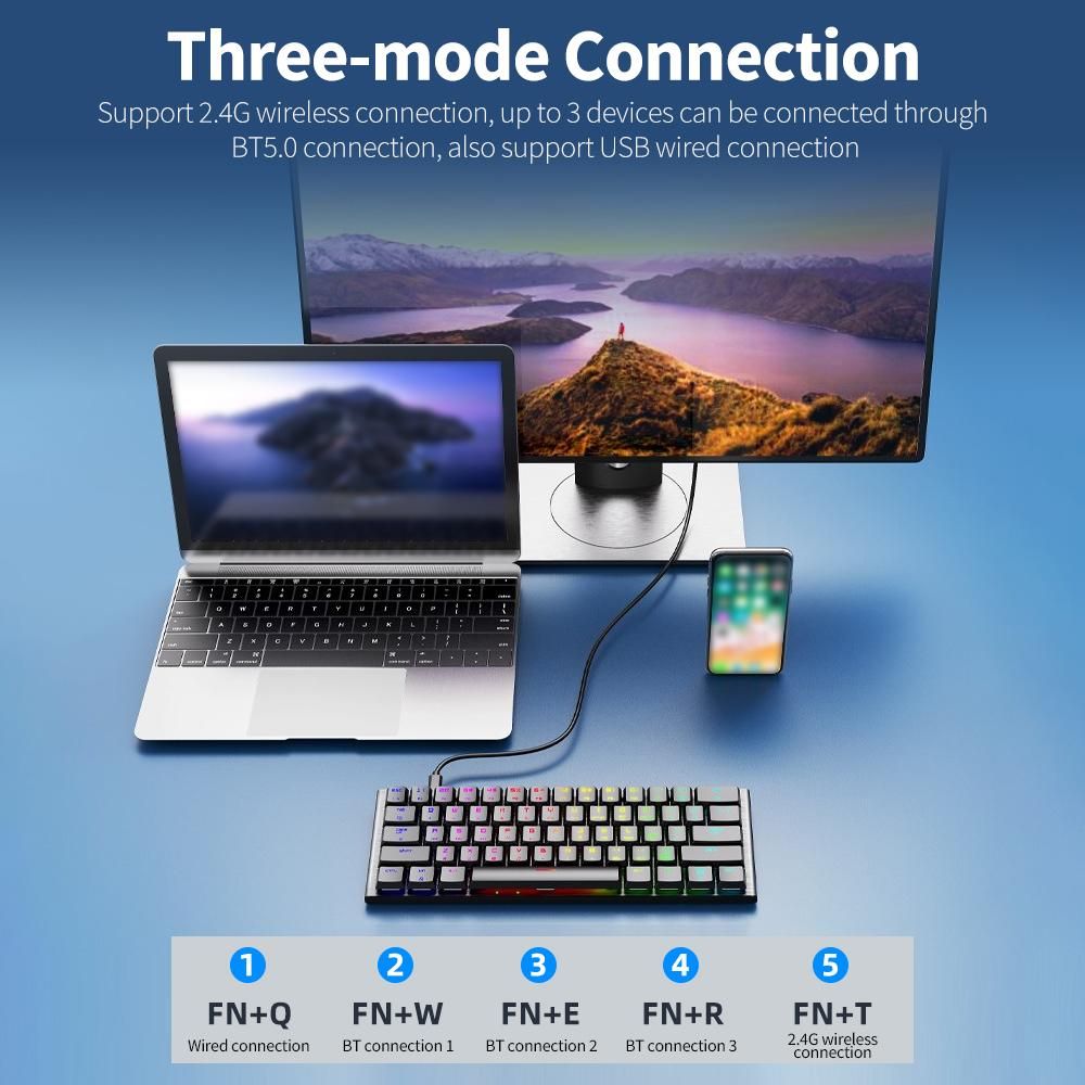 Magic-Refiner MK28 Three-mode Mechanical Keyboard 61 Keys RGB Keyboard Support BT5.0/2.4G/USB Wired Connection Red Switches Black