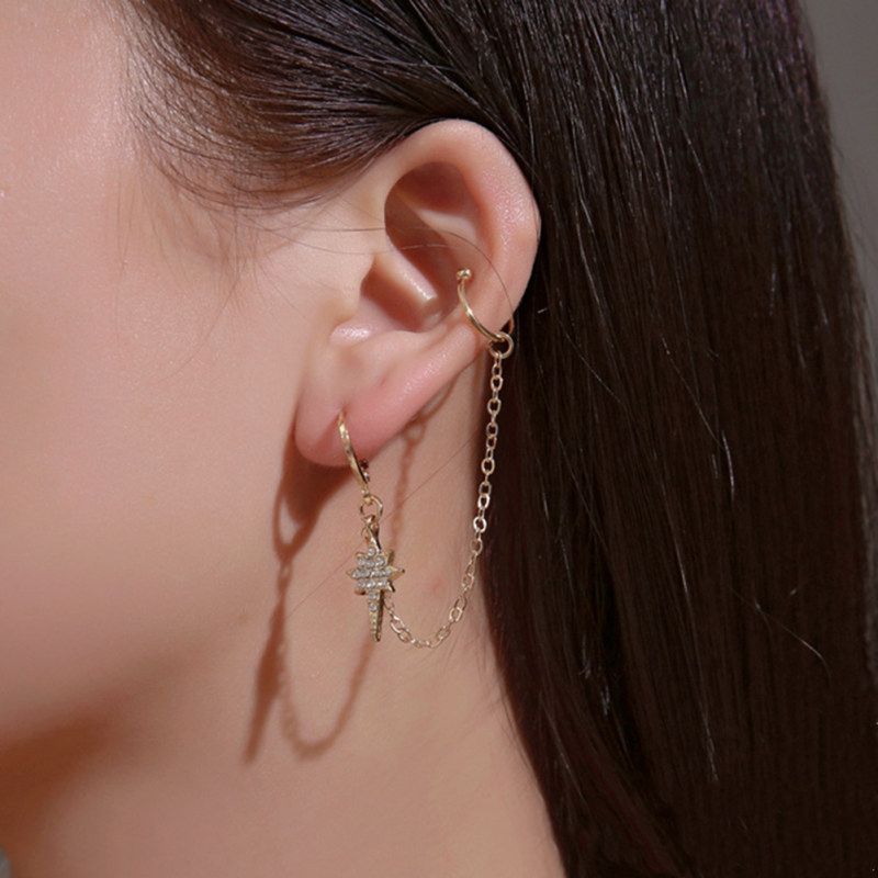 1Pc Women Fashion Ear Cuff Clip Long Chain-Golden 7256