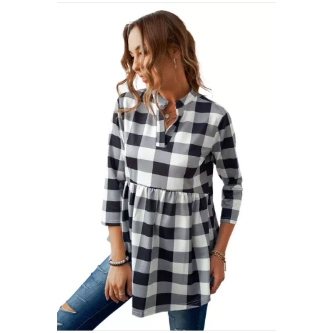 R Black 3/4 Sleeve Split Neck Flowy Tunic Top