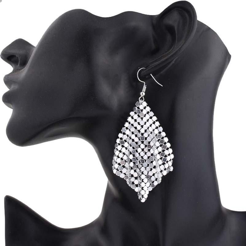 Fashion Women Sequins Mesh Dangle Drop Hook Earrings-Black