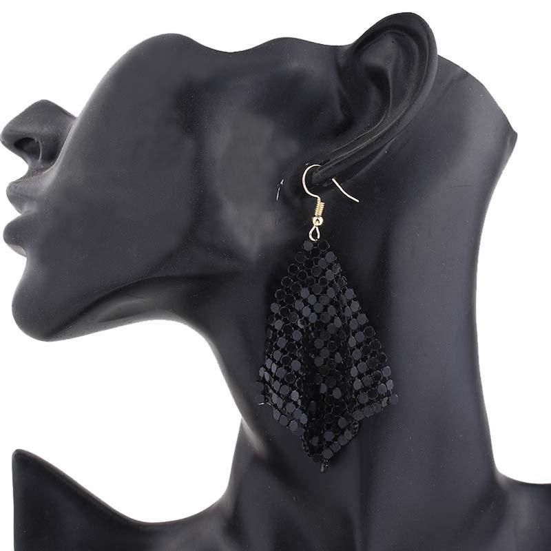 Fashion Women Sequins Mesh Dangle Drop Hook Earrings-Black