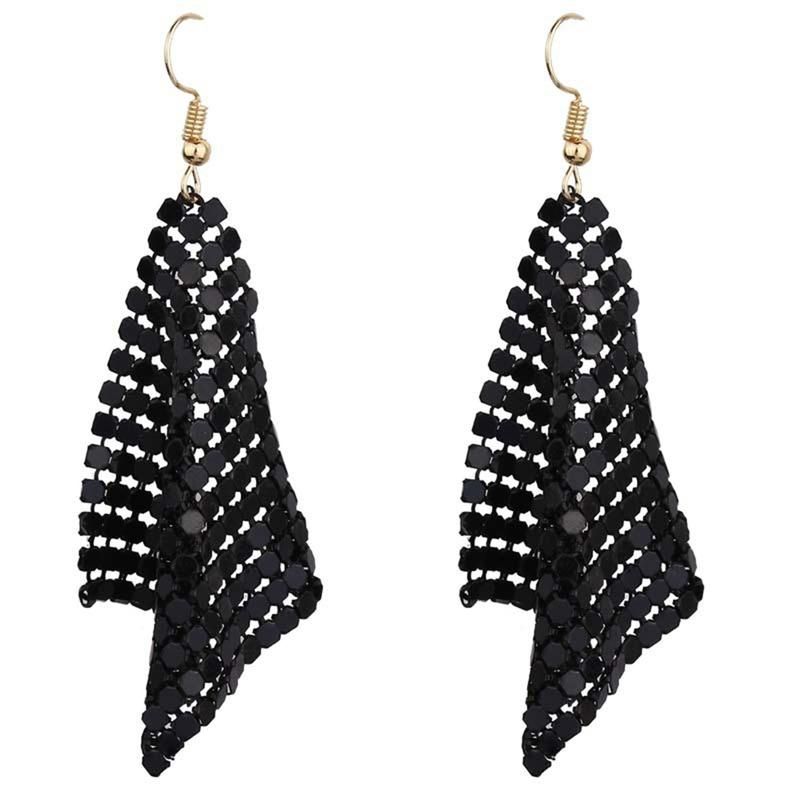 Fashion Women Sequins Mesh Dangle Drop Hook Earrings-Black