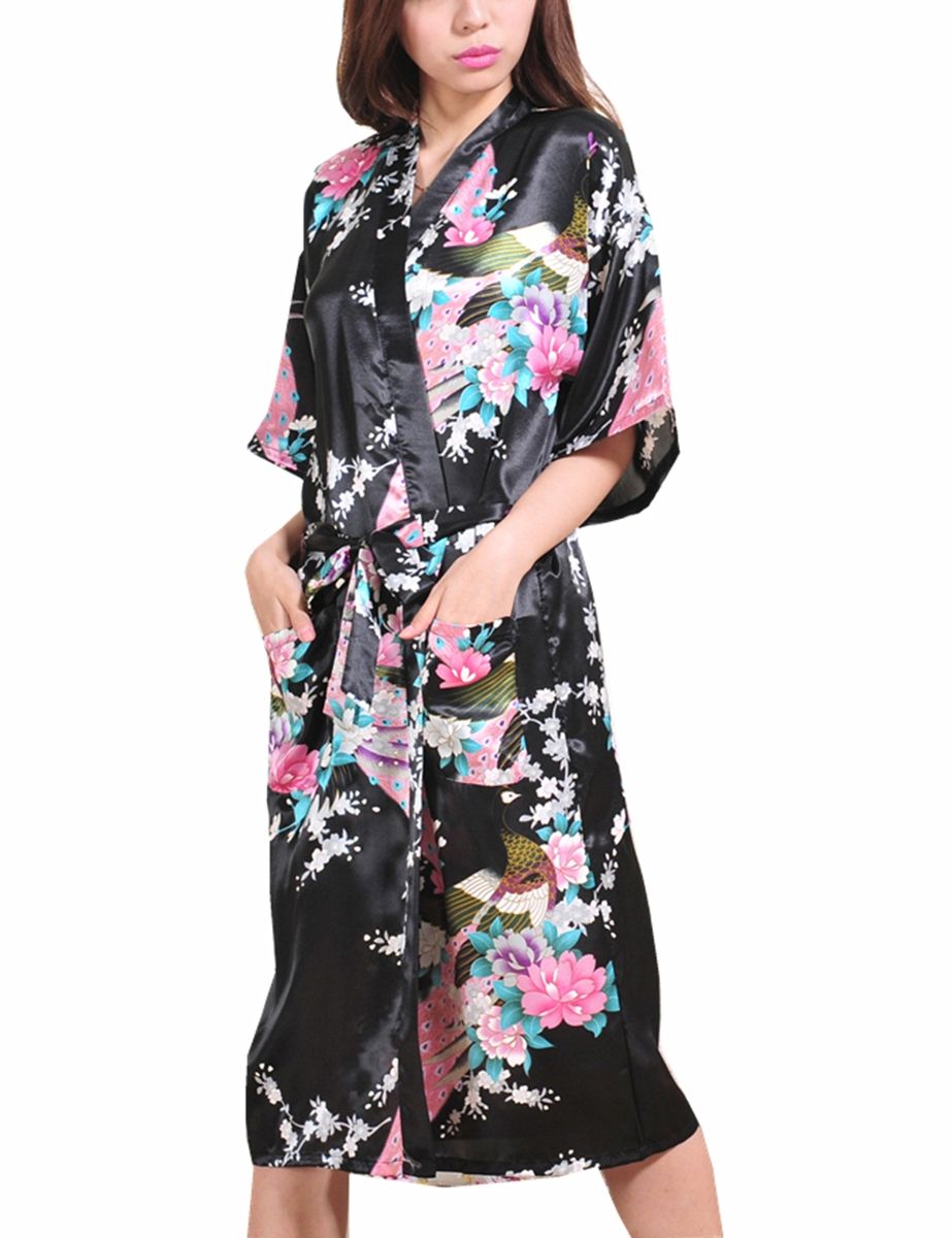 Women's Floral Hip-Length Kimono Robe Short Bathrobe Sleepwear (Black)