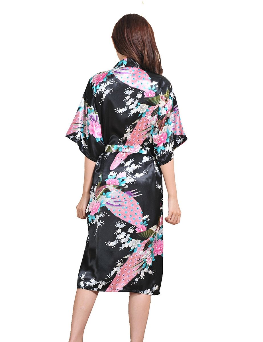 Women's Floral Hip-Length Kimono Robe Short Bathrobe Sleepwear (Black)