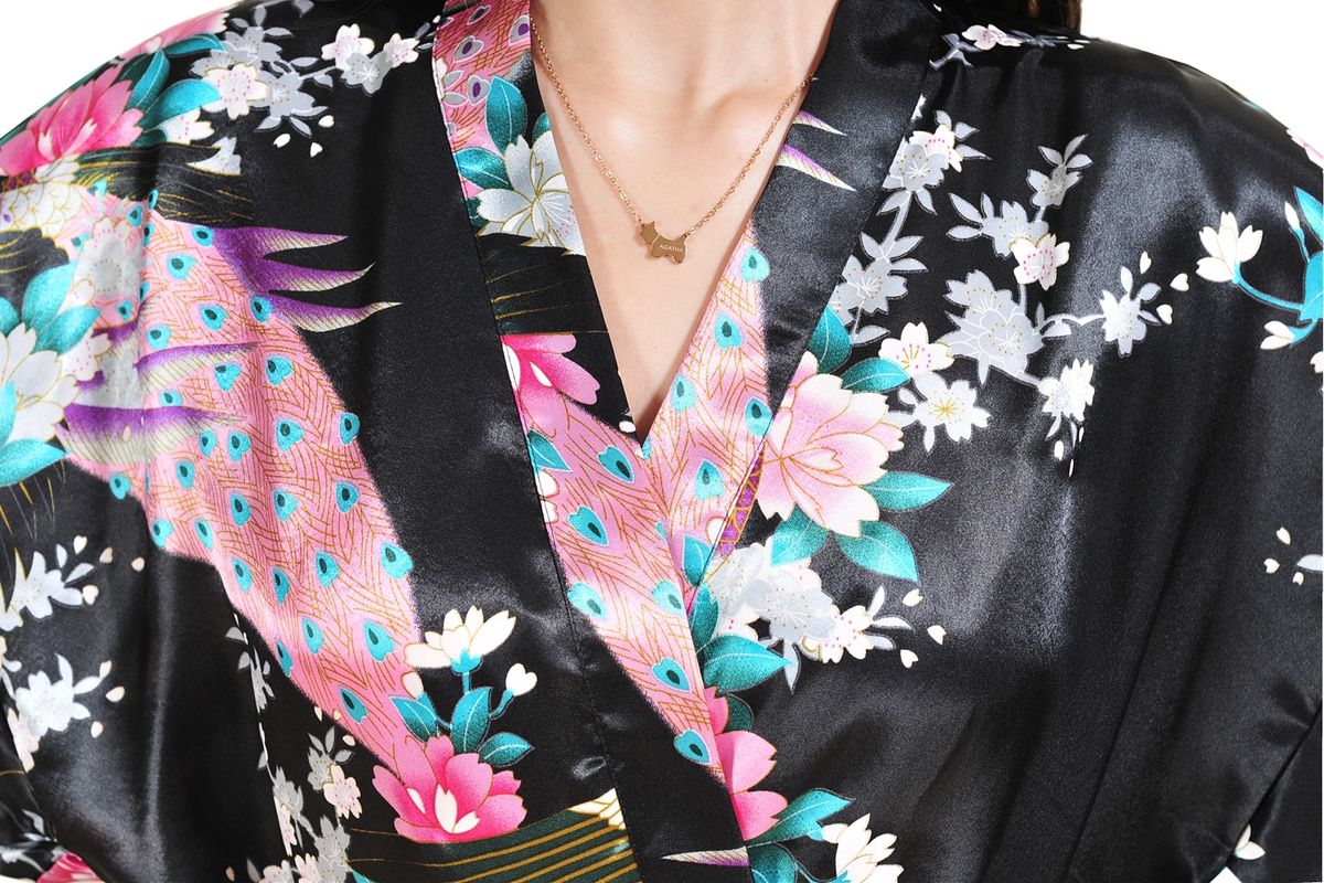Women's Floral Hip-Length Kimono Robe Short Bathrobe Sleepwear (Black)