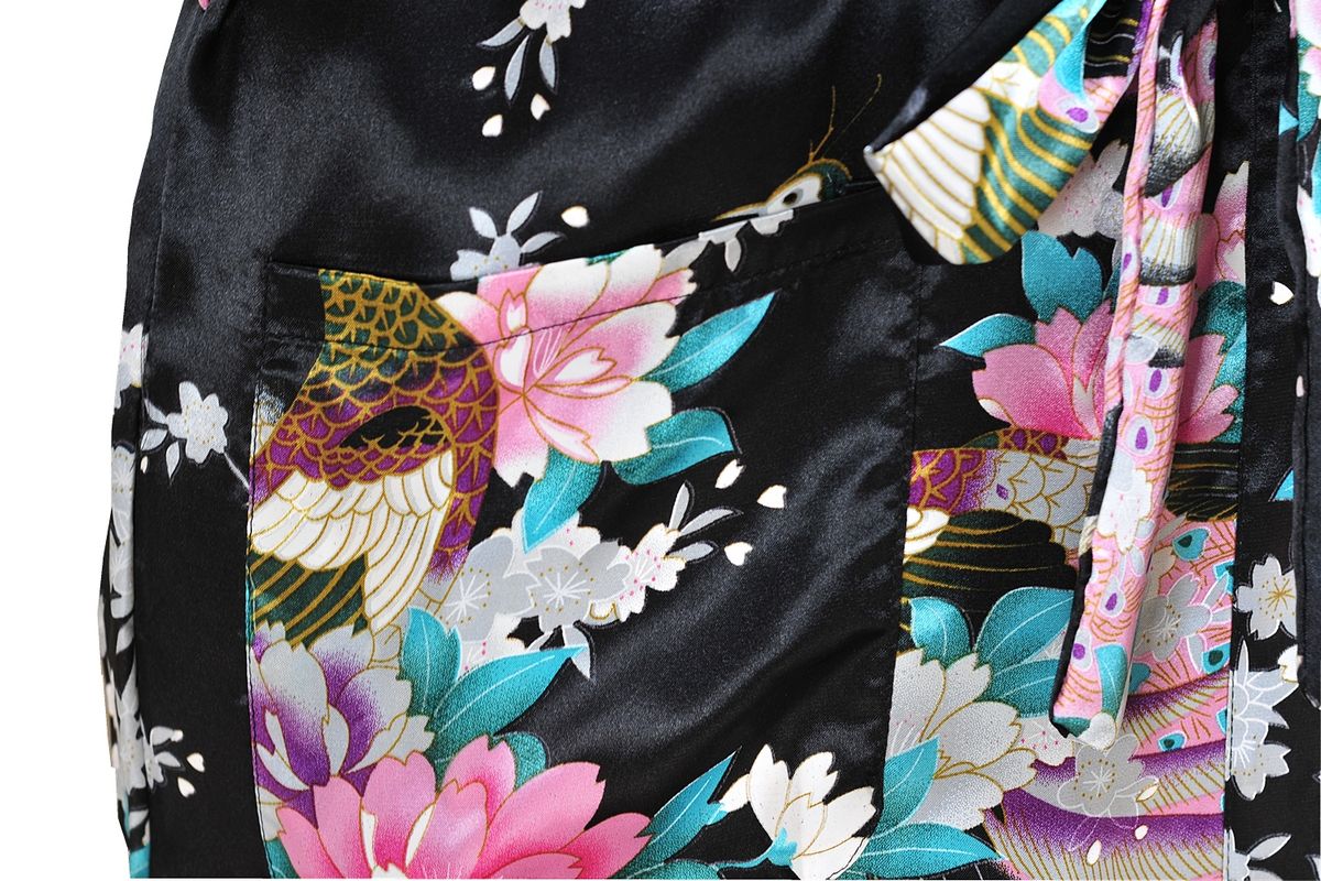 Women's Floral Hip-Length Kimono Robe Short Bathrobe Sleepwear (Black)