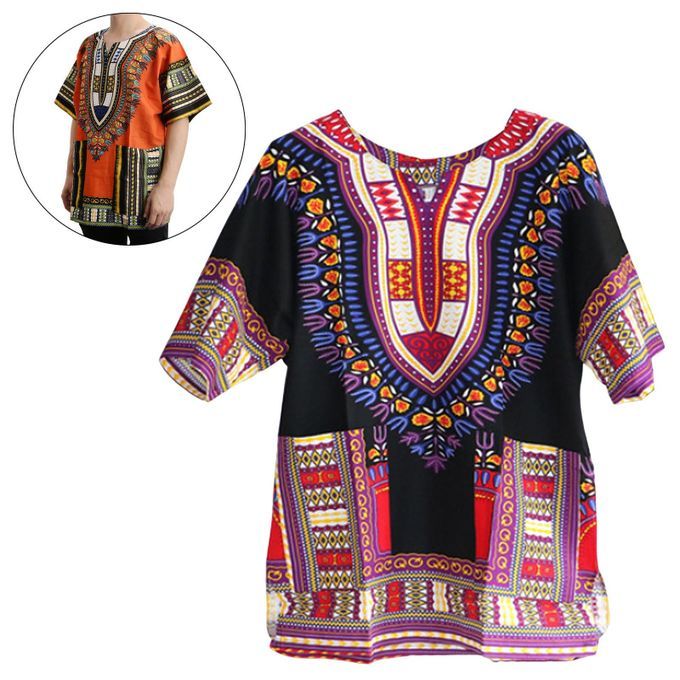 African Dashiki Shirt Top Unisex  Bright Color One Size  Black