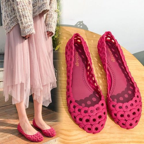 Sandals Rain Shoes Women Shallow Low Top Flat Bottom Hollow Shoes Rose Red