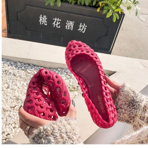 Sandals Rain Shoes Women Shallow Low Top Flat Bottom Hollow Shoes Rose Red