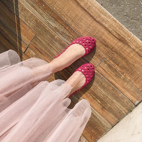 Sandals Rain Shoes Women Shallow Low Top Flat Bottom Hollow Shoes Rose Red