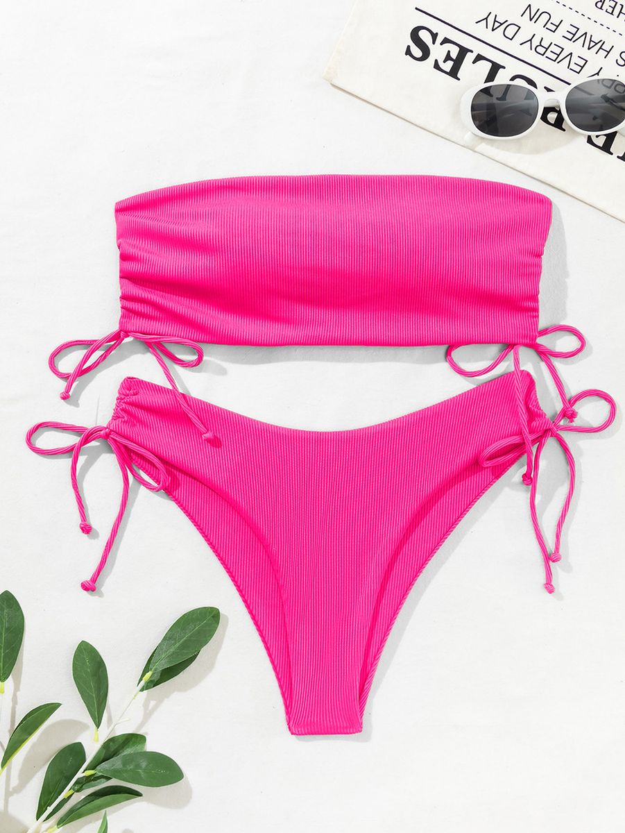 (Black)2022 New Split Two Piece Tube Top Bikini Solid Color Y Ladies Swimwear
