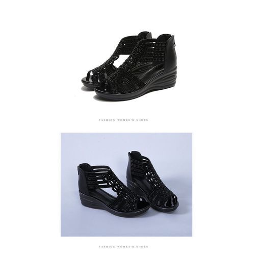 2022 Women Soft Wedge Lady Open Toe Low Heel Sandals-Black
