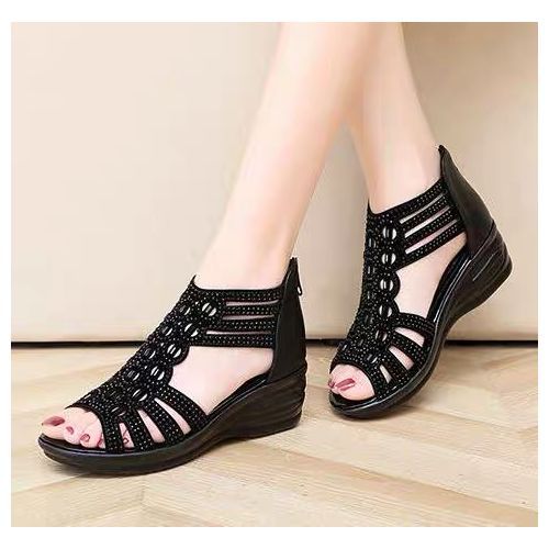2022 Women Soft Wedge Lady Open Toe Low Heel Sandals-Black