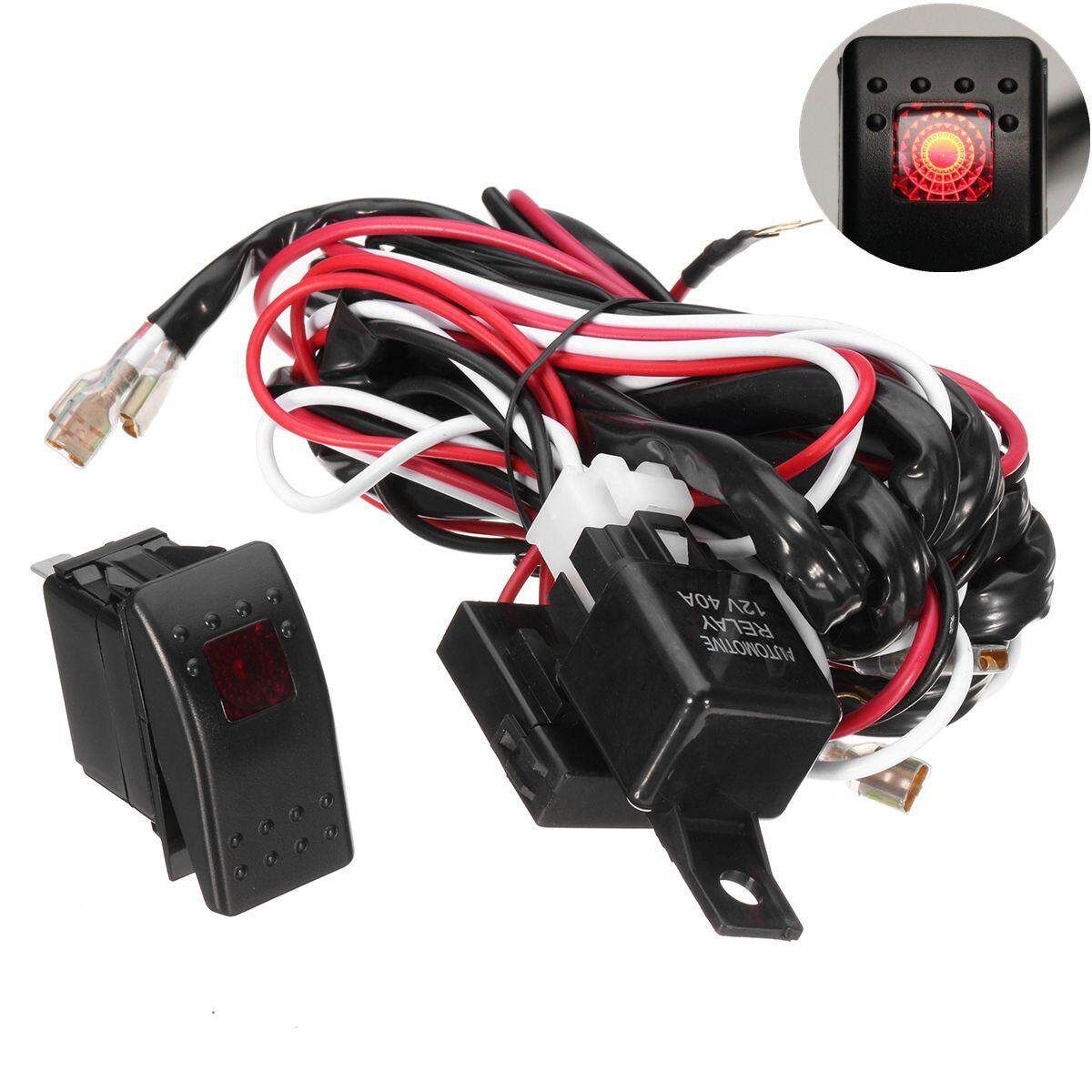 12V Wiring Harness Kit With LED Light Bar Laser Rocker Switch+Relay For 2 Lights (RED) Red (red)