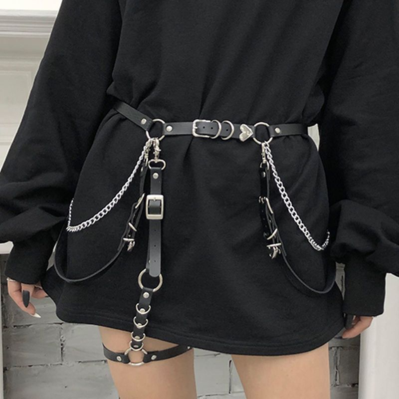 Women Skirt Belt Female Pu Leather Hip Hop Rock Nightclub Sexy Jeans Dress Heart Punk Belt With Metal Waist Chain(#Set)