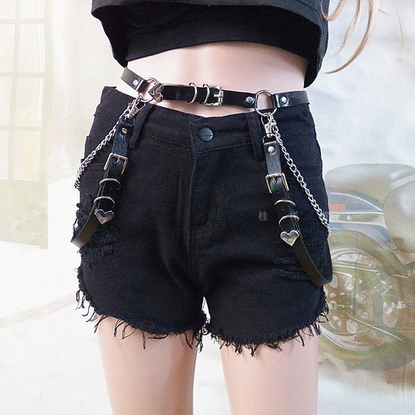 Women Skirt Belt Female Pu Leather Hip Hop Rock Nightclub Sexy Jeans Dress Heart Punk Belt With Metal Waist Chain(#Set)