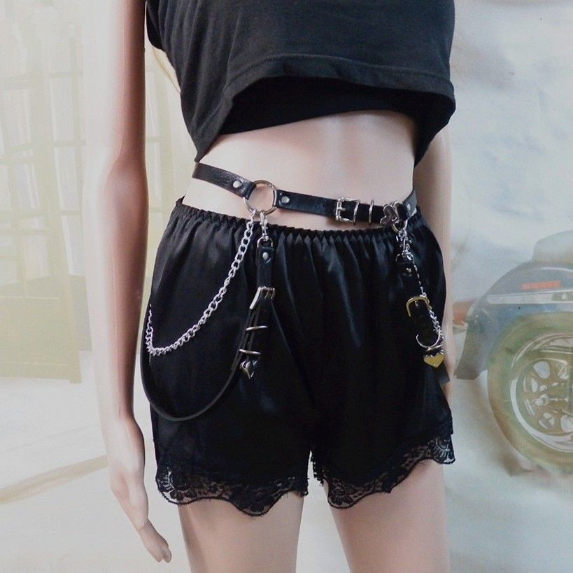 Women Skirt Belt Female Pu Leather Hip Hop Rock Nightclub Sexy Jeans Dress Heart Punk Belt With Metal Waist Chain(#Set)