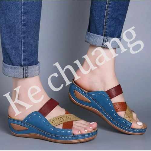 Ladies Platform Plus Size Slippers - Blue