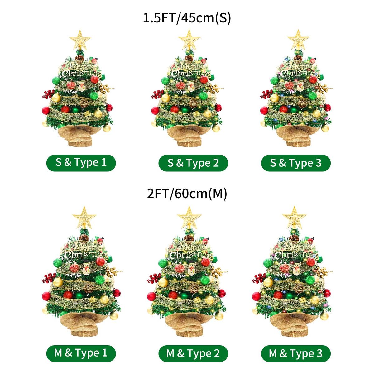 1.5FT LED Tabletop Christmas Tree with Battery Powered LED String Lights Top Star Red Green Balls Ribbon Mini Artificial Christmas Tree for Holiday Decoration