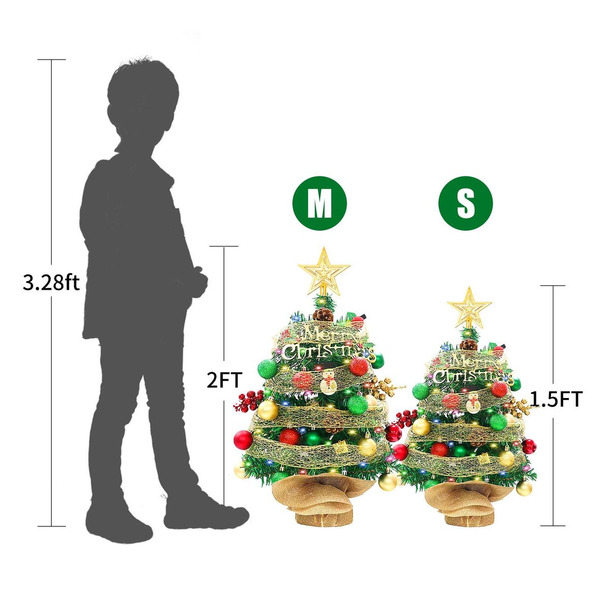 1.5FT LED Tabletop Christmas Tree with Battery Powered LED String Lights Top Star Red Green Balls Ribbon Mini Artificial Christmas Tree for Holiday Decoration