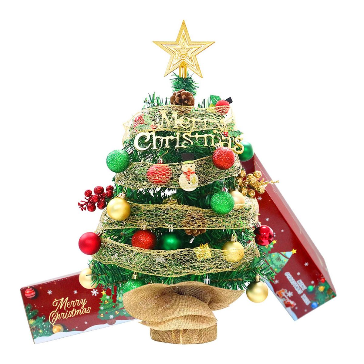 1.5FT LED Tabletop Christmas Tree with Battery Powered LED String Lights Top Star Red Green Balls Ribbon Mini Artificial Christmas Tree for Holiday Decoration