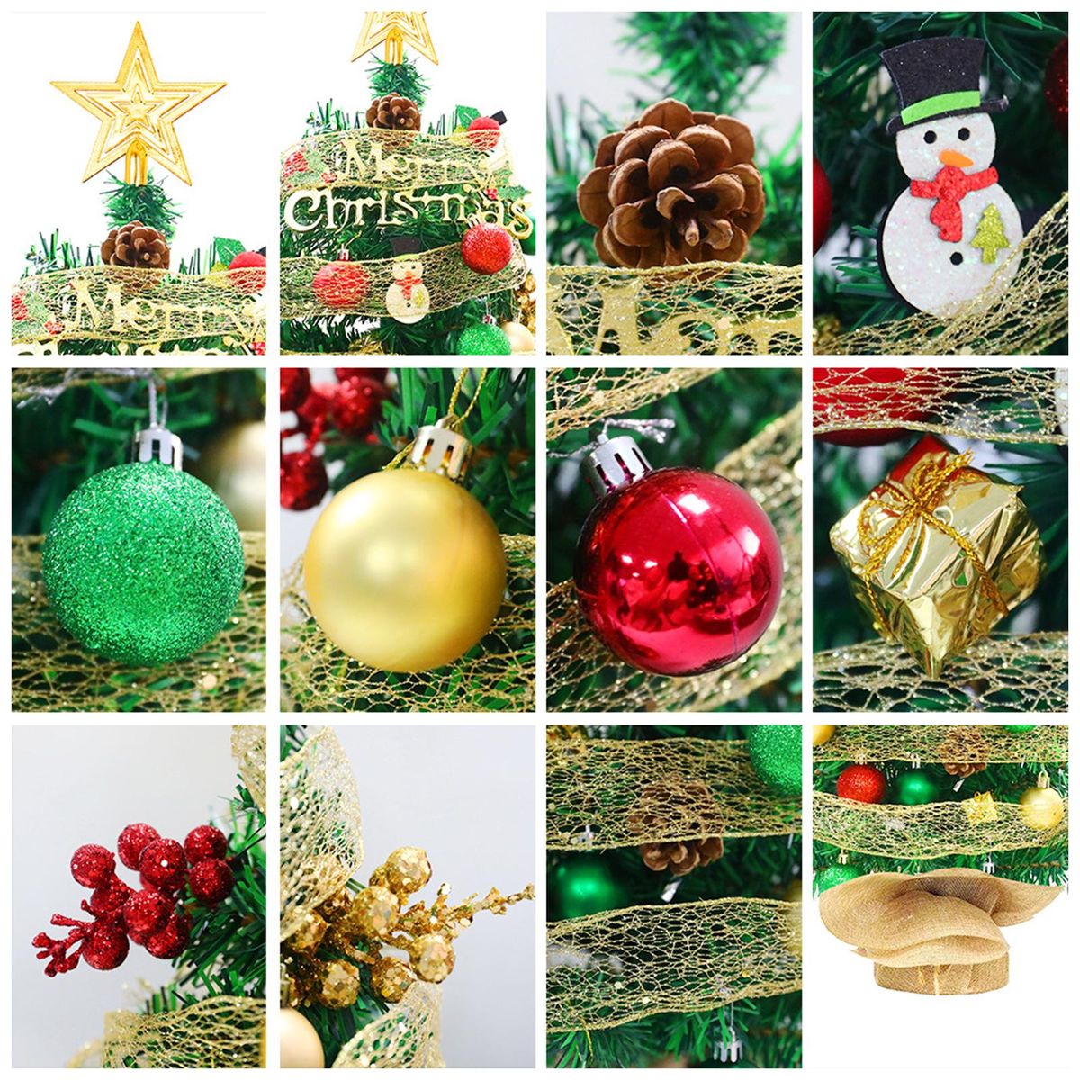 1.5FT LED Tabletop Christmas Tree with Battery Powered LED String Lights Top Star Red Green Balls Ribbon Mini Artificial Christmas Tree for Holiday Decoration