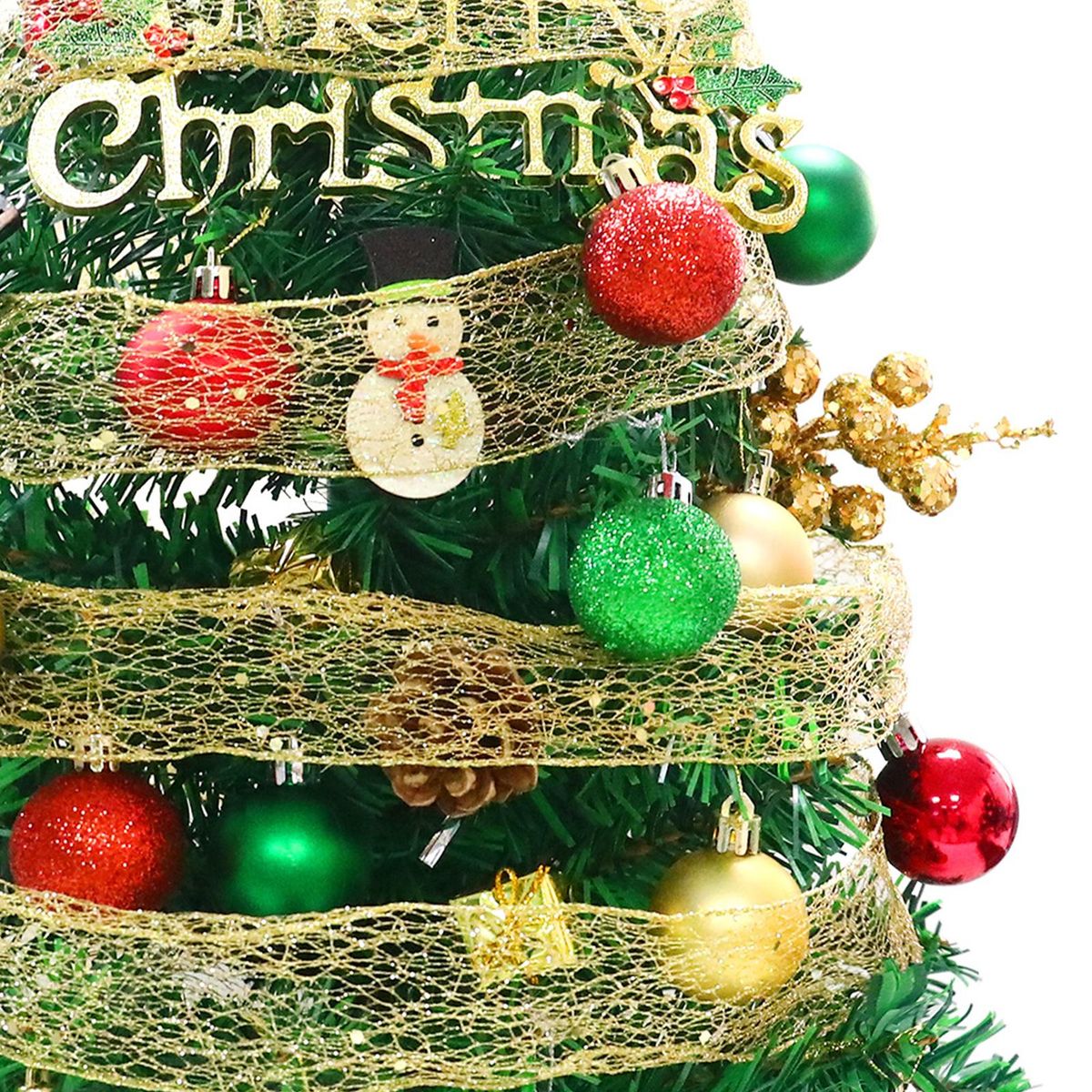 1.5FT LED Tabletop Christmas Tree with Battery Powered LED String Lights Top Star Red Green Balls Ribbon Mini Artificial Christmas Tree for Holiday Decoration