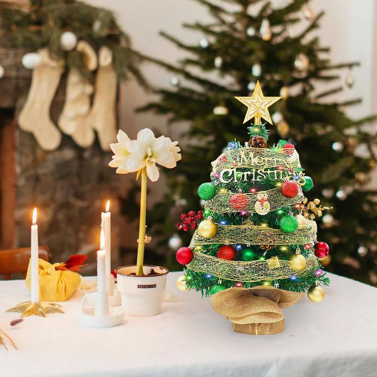 1.5FT LED Tabletop Christmas Tree with Battery Powered LED String Lights Top Star Red Green Balls Ribbon Mini Artificial Christmas Tree for Holiday Decoration