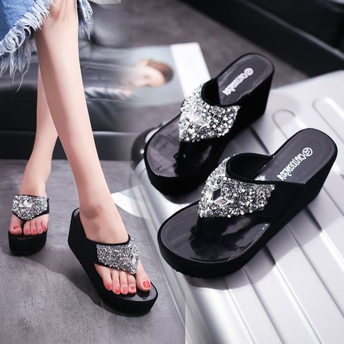 Sandals Women Fashion Rhinestone Wedge Flip-Flops - Black