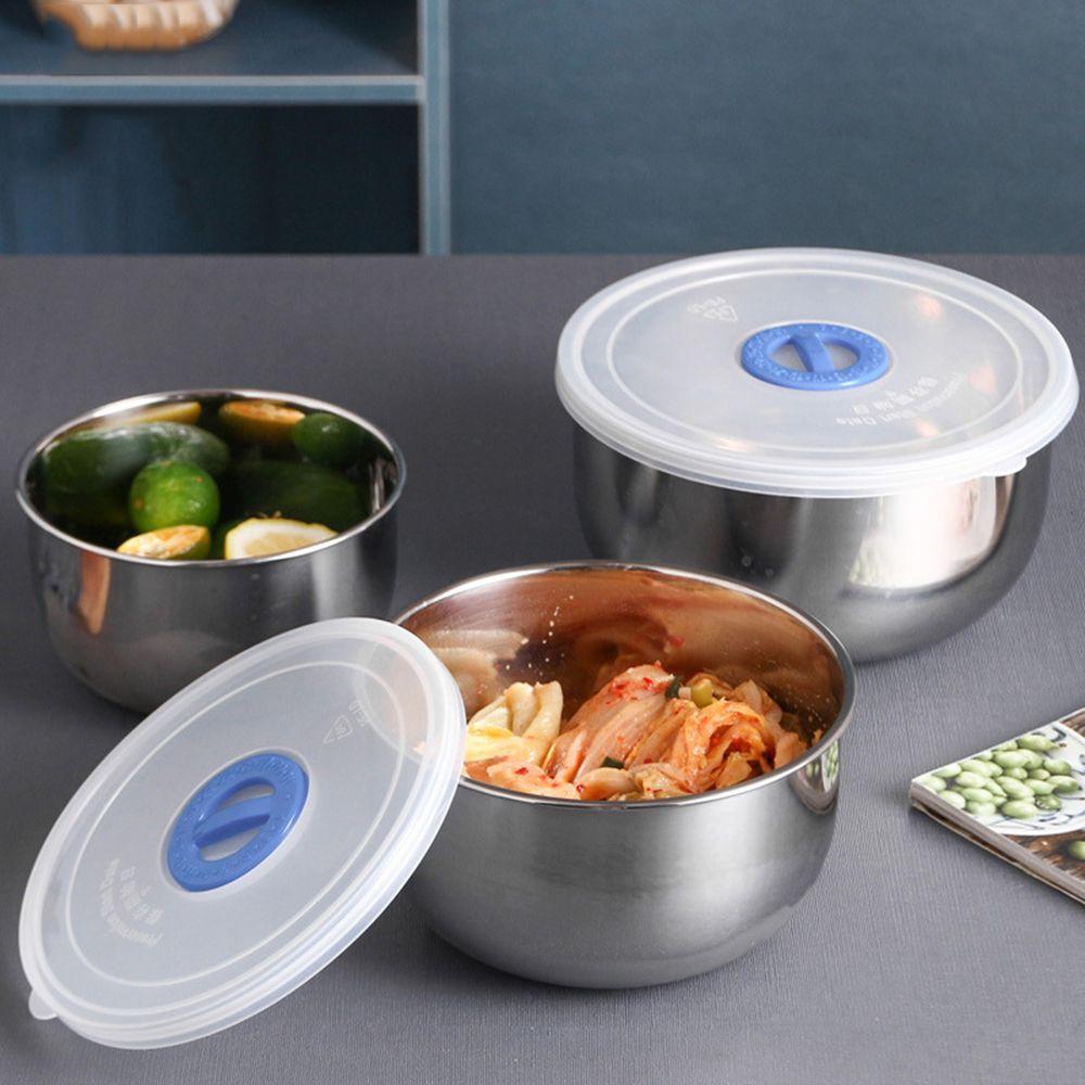 3 Pcs Mixing Bowl With Lid Stainless Steel Non-Slip Serving