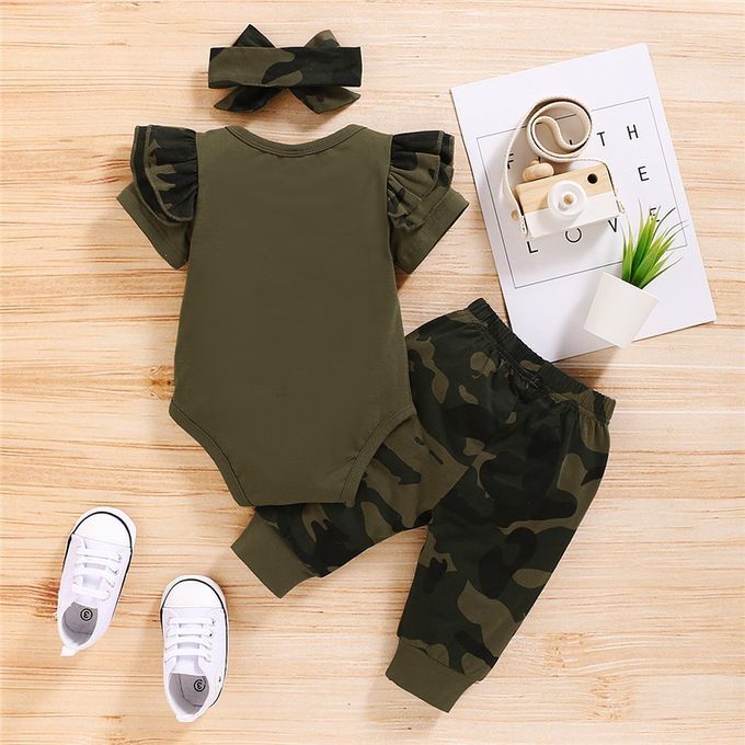 MAMA'S GIRL Short Sleeve Bodysuit + Camou Print Pants + Headband
