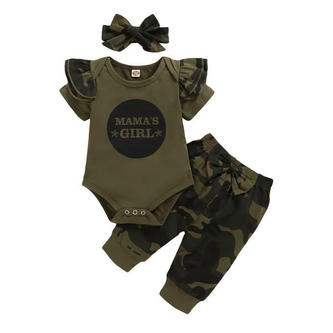 MAMA'S GIRL Short Sleeve Bodysuit + Camou Print Pants + Headband