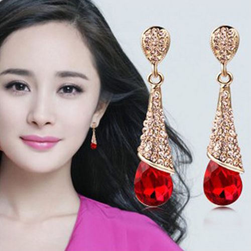 Women Waterdrop Chandelier Rhinestone Full Zircon Earrings Ear Stud Ear-clip-Red (stud)