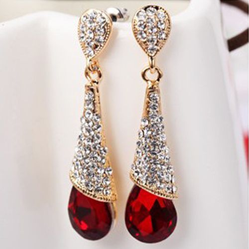 Women Waterdrop Chandelier Rhinestone Full Zircon Earrings Ear Stud Ear-clip-Red (stud)
