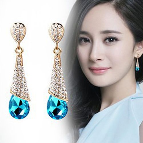 Women Waterdrop Chandelier Rhinestone Full Zircon Earrings Ear Stud Ear-clip-Red (stud)
