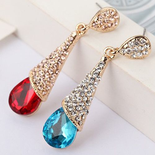 Women Waterdrop Chandelier Rhinestone Full Zircon Earrings Ear Stud Ear-clip-Red (stud)
