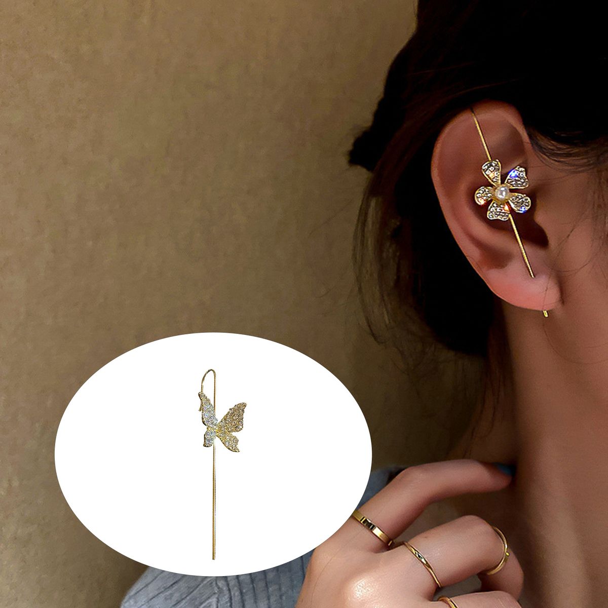 1Pc Women Ear Wrap Crawler Rhinestones Flower Butterfly-