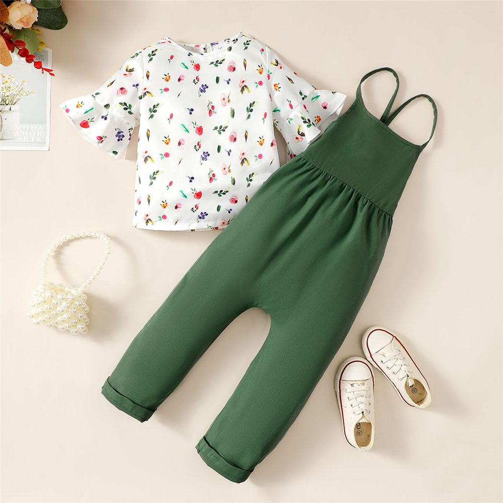 0-3 Years Baby Girl Floral Long Sleeve Tops+ Solid Overalls