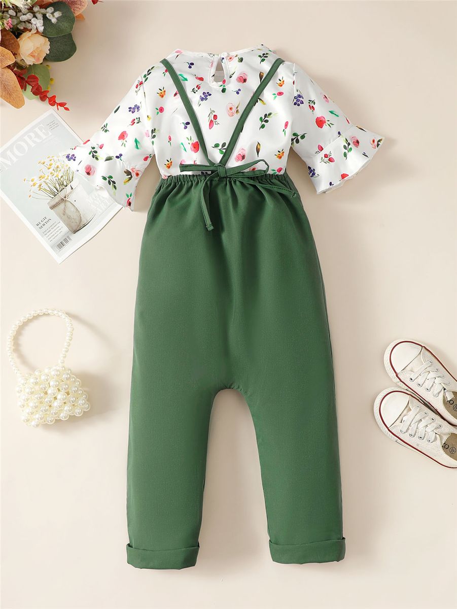 0-3 Years Baby Girl Floral Long Sleeve Tops+ Solid Overalls