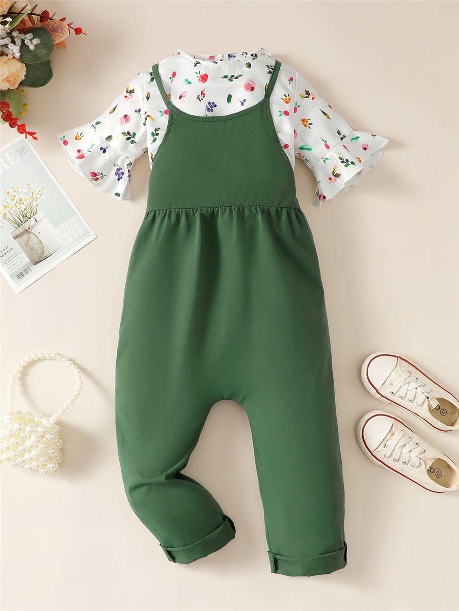 0-3 Years Baby Girl Floral Long Sleeve Tops+ Solid Overalls
