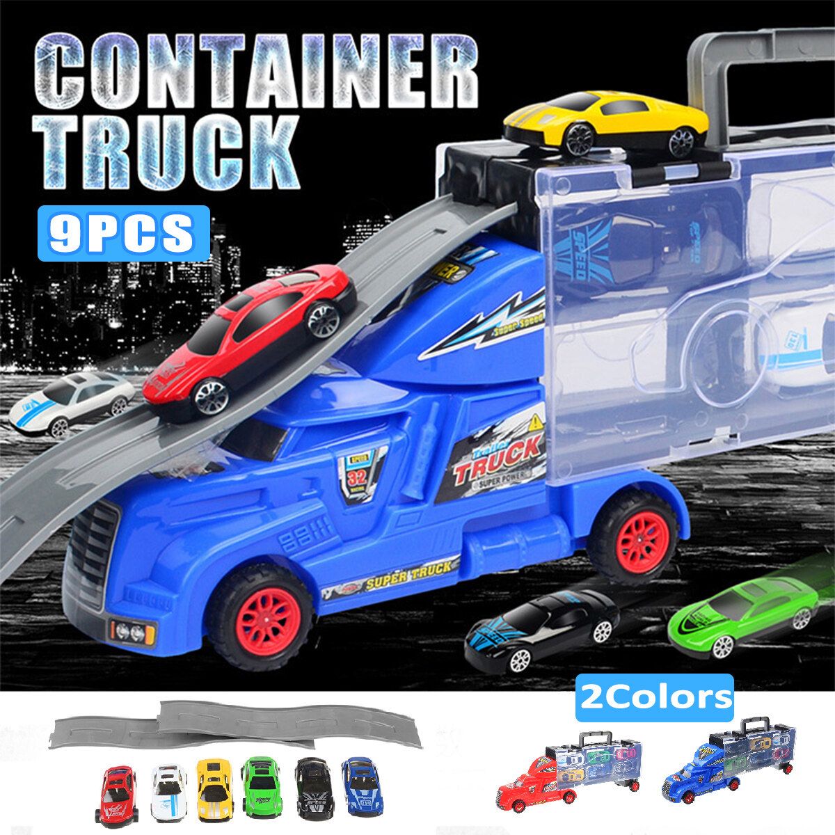 Kids Toys Van Alloy Vehicles Truck Model Car Boy Christmas Toy Gift + Taxi Track Blue