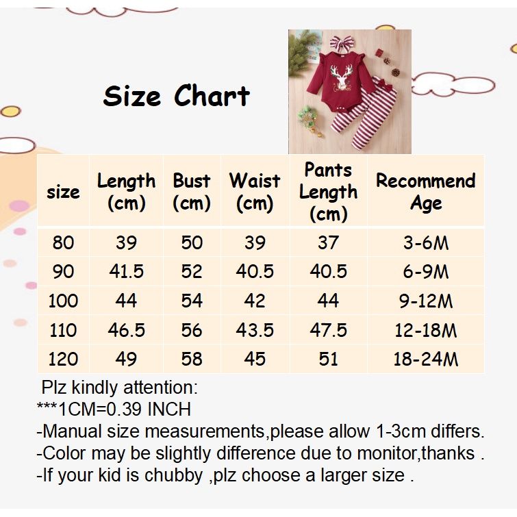 0-2Years Infant Baby Girl XMAS Costumes Long Sleeve Stiped 3PCS Clothing Set