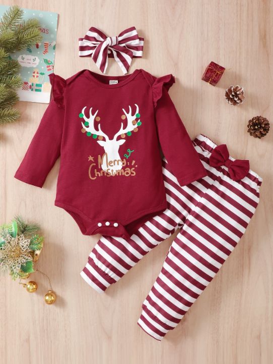 0-2Years Infant Baby Girl XMAS Costumes Long Sleeve Stiped 3PCS Clothing Set