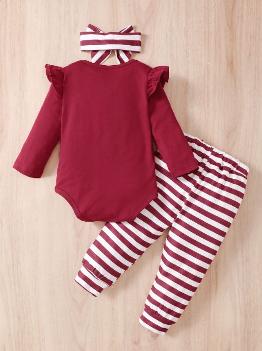 0-2Years Infant Baby Girl XMAS Costumes Long Sleeve Stiped 3PCS Clothing Set